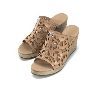 Brighton Daria Tan Leather Silver Charm Woven Platform Wedge Slide Sandals, 6